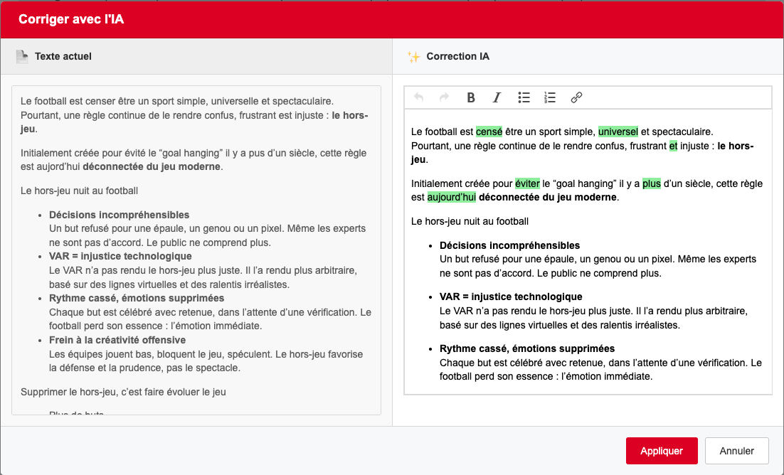 Interface de correction IA dans le back-office MesOpinions
