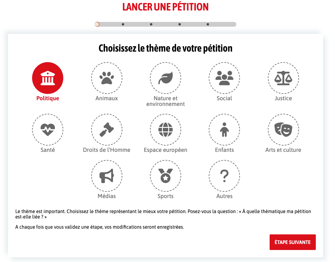 Interface de sélection des catégories - Avant